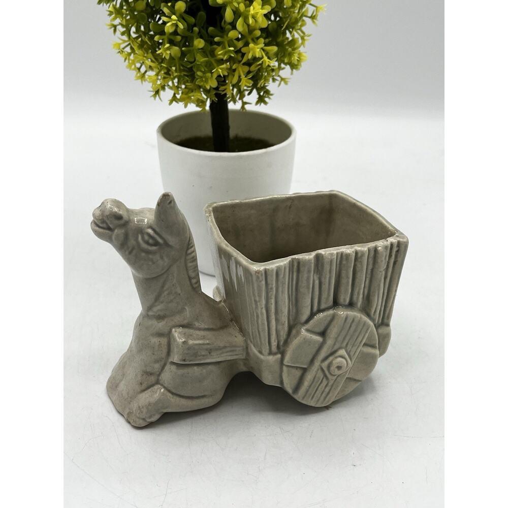 Vintage Ceramic Donkey Burro Cart Planter Gray Glaze 5" Mid Century Unmarked